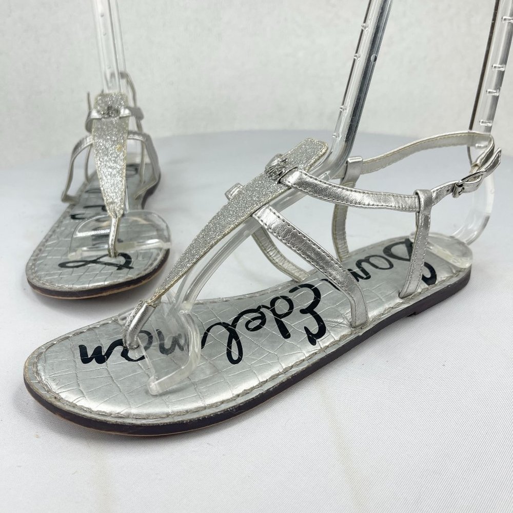 SAM EDLEMAN Womens Gigi Silver Shimmer Metallic Leather Thong Sandal Ankle Strap